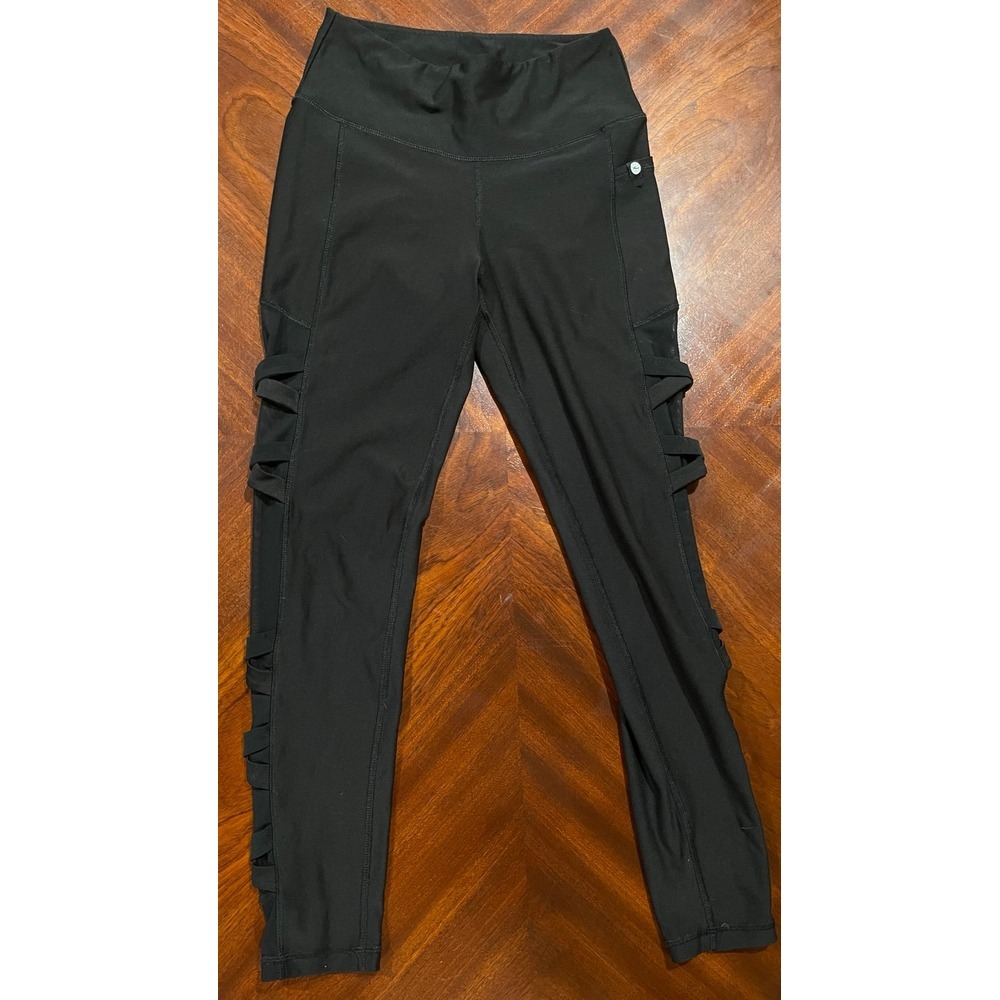 Women's Leggings Small Black High Rise Mesh Strappy Full‎ Length Yoga
